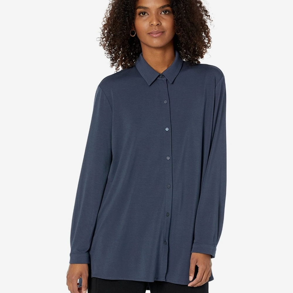 Eileen Fisher Black Tencel Button Down High Low Blouse